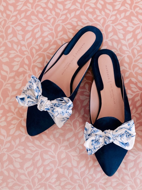 Margaux Shoes - Margaux x Gal Meets Glam Navy Pointed Backless Mules with Blue-White Floral Bow